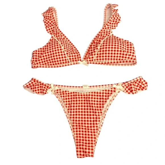 NEW Red Gingham Size Large Ruffle Bikini‎ Set Halter Triangle Top - Picture 5 of 8